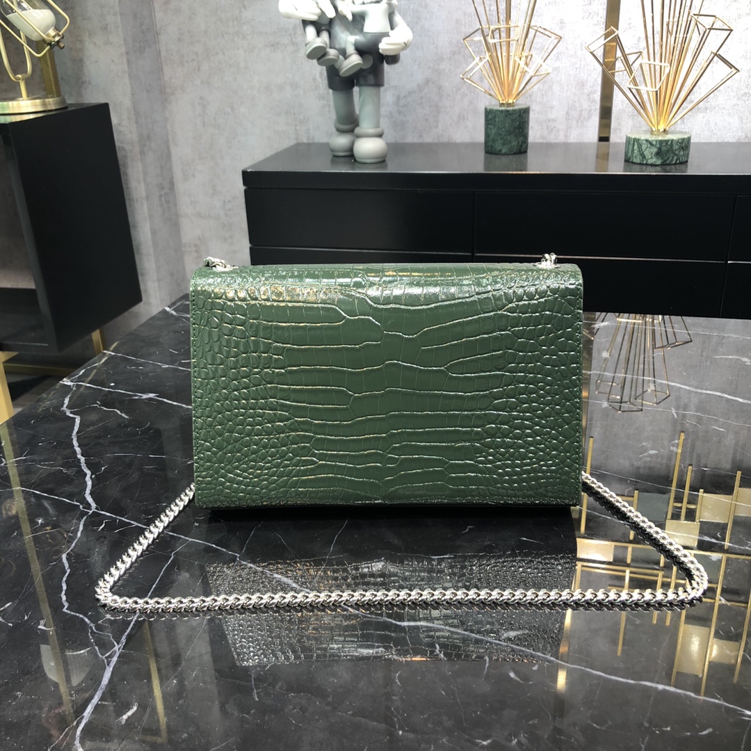 Saint Laurent Kate Tassel Medium Crocodile Embossed Calfskin Shoulder Bag Army Green 354119 Silver